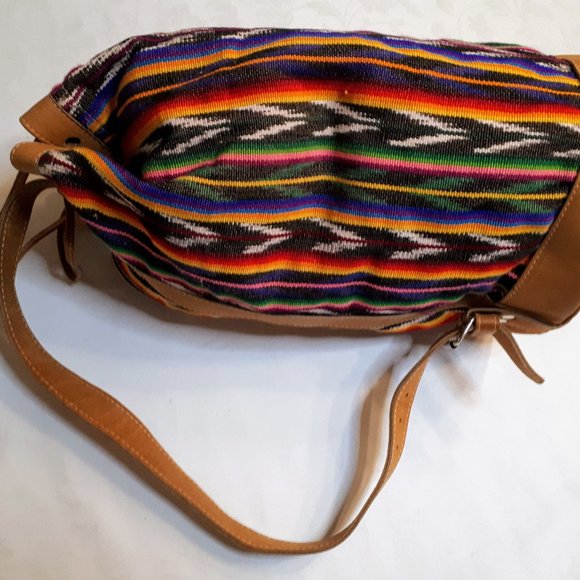 Stripes & Ikat Woven & Leather Bucket Shoulder Bag - Picture 1 of 7